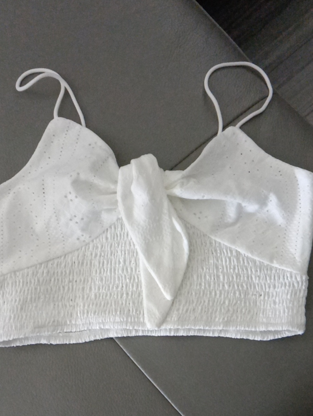 White Tie-Front Smocked Crop Top - Women
